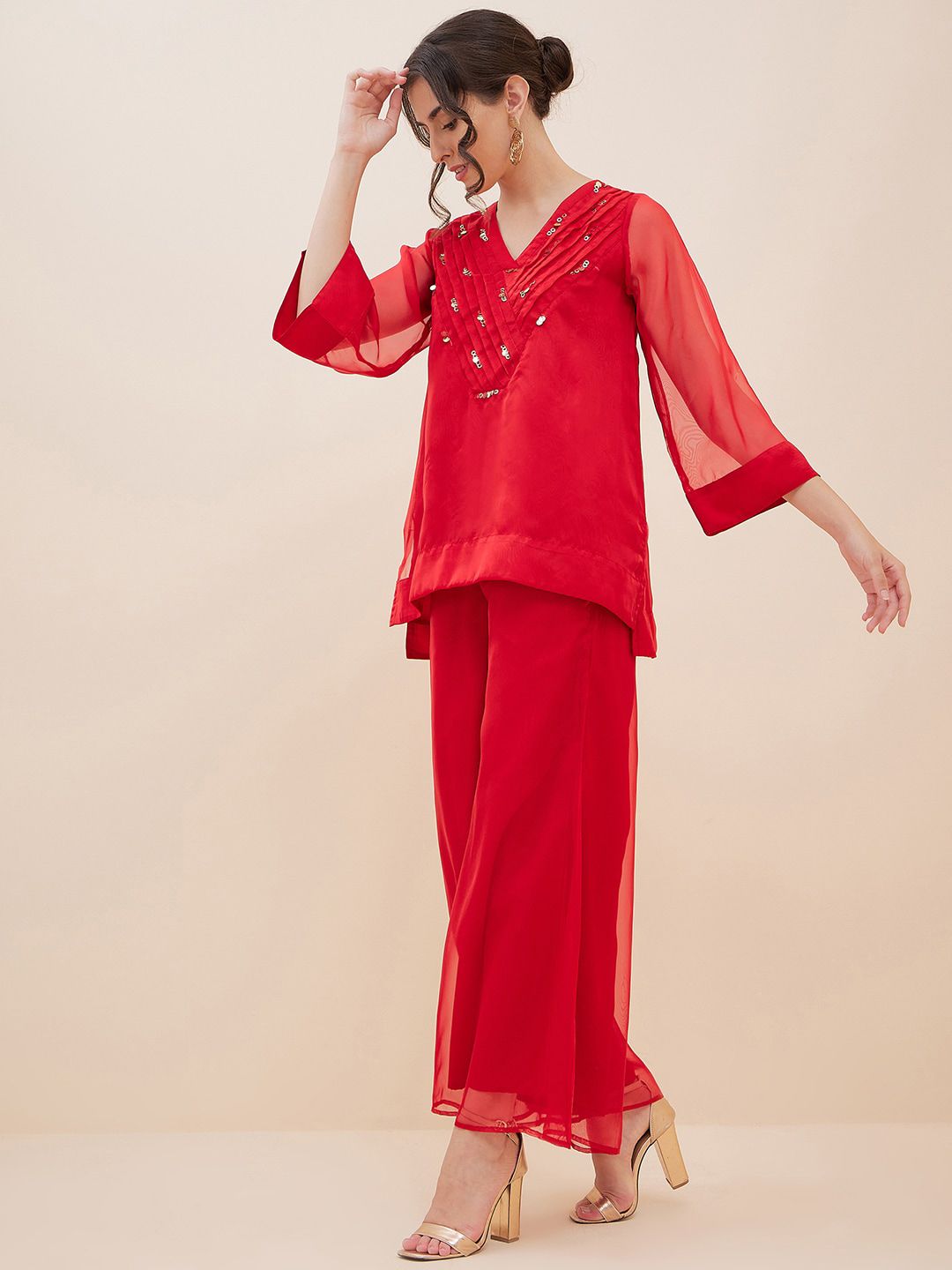 Antheaa Red Embellished Tunic With Palazzos