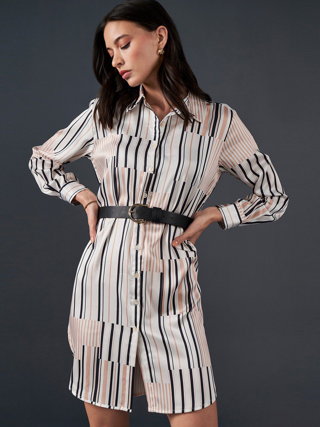 AND Striped Cuffed Sleeves Shirt Dress