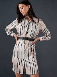 AND Striped Cuffed Sleeves Shirt Dress
