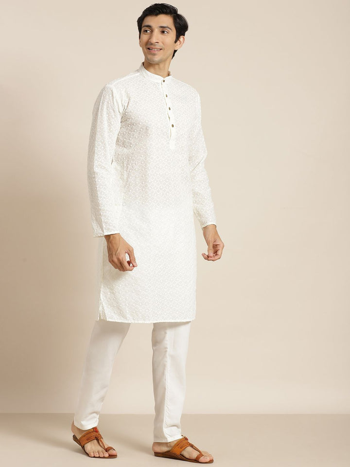 SOJANYA Men Cream-Coloured Chikankari Pure Cotton Kurta with Churidar & Nehru Jacket