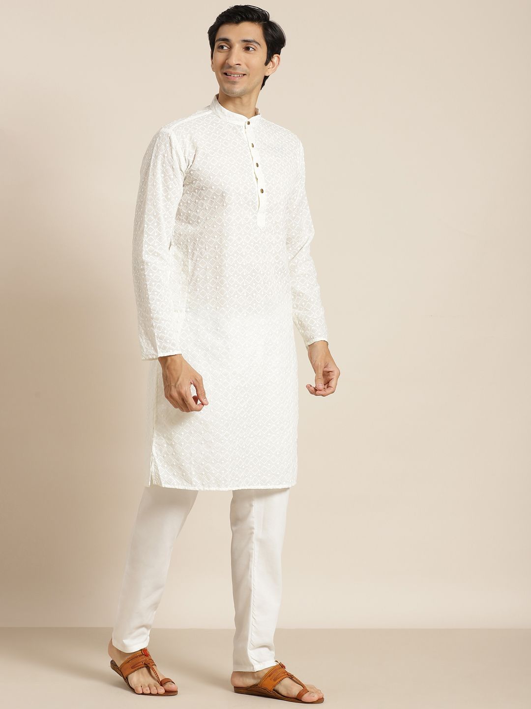 SOJANYA Men Cream-Coloured Chikankari Pure Cotton Kurta with Churidar & Nehru Jacket