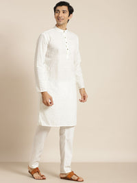 SOJANYA Men Cream-Coloured Chikankari Pure Cotton Kurta with Churidar & Nehru Jacket