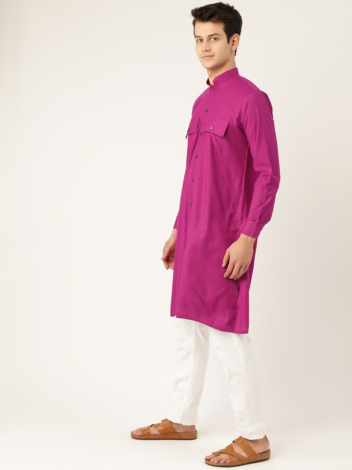 SOJANYA Men Magenta Solid Straight Kurta