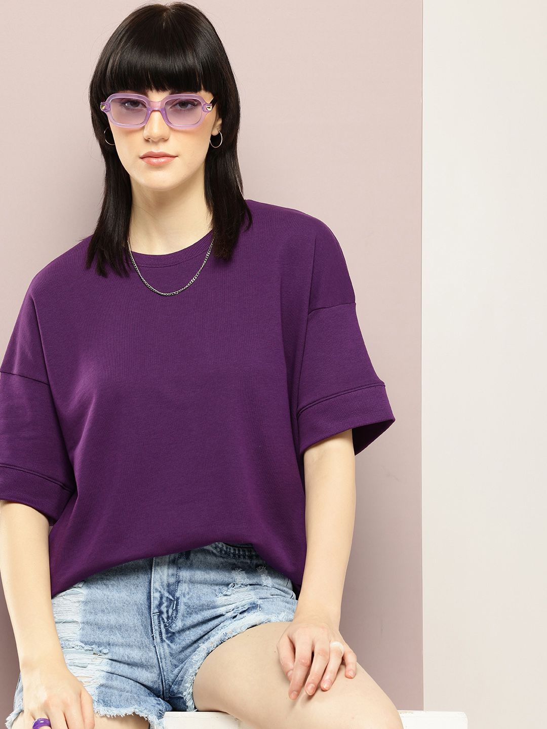 DILLINGER Women Oversized Drop Shoulder Ultra Soft Drapey Cotton Crew Neck T-Shirt