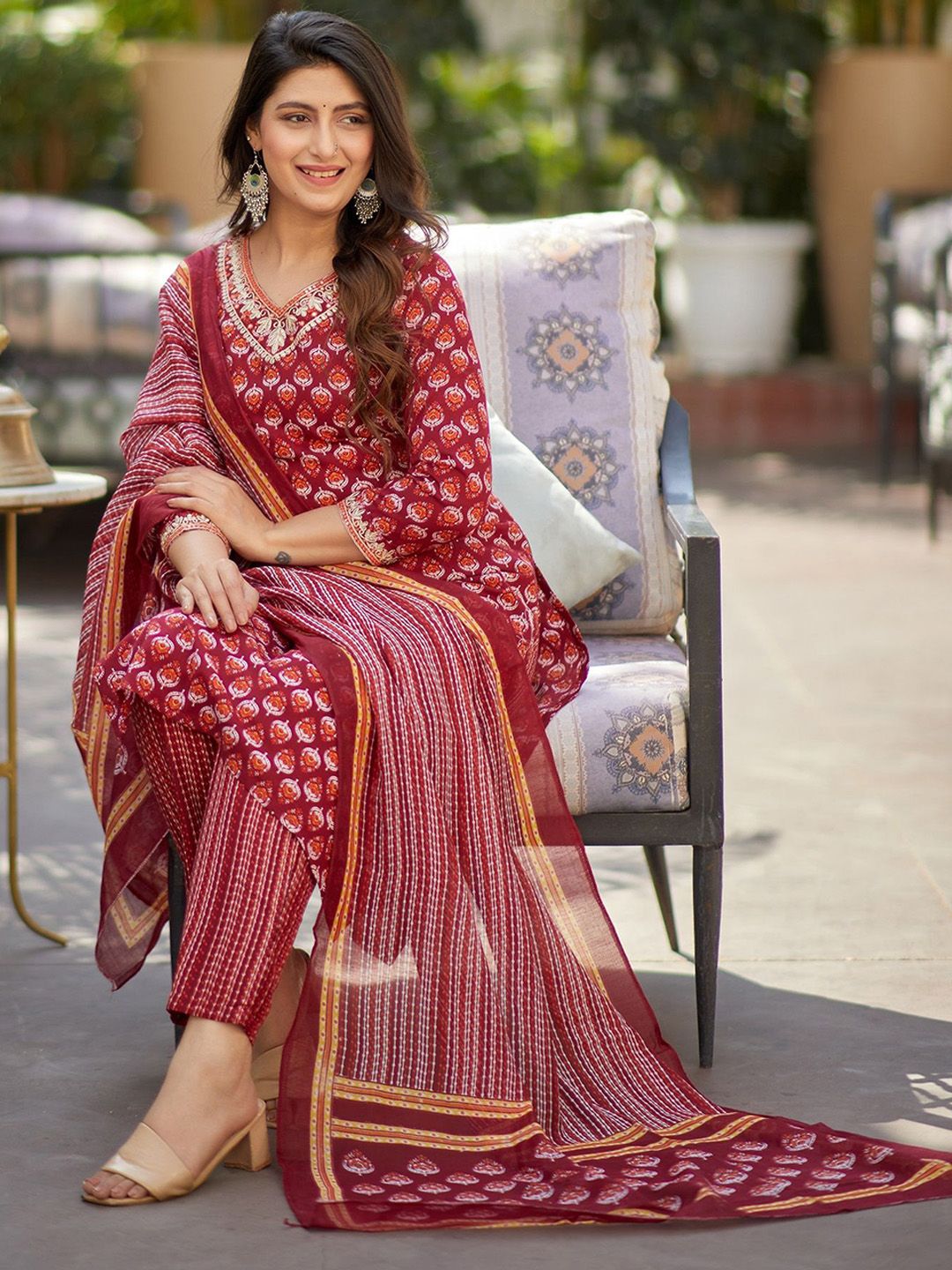KALINI Women Floral Printed Regular Thread Work Kurta with Trousers & With Dupatta