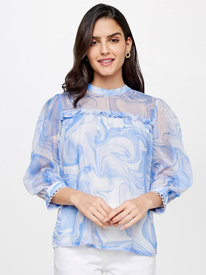 AND Women Blue and White Printed Mandarin Collar Shirt Style Top