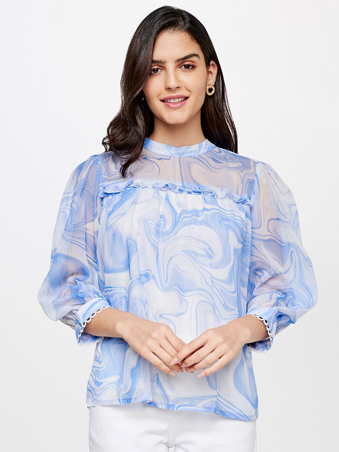 AND Women Blue and White Printed Mandarin Collar Shirt Style Top