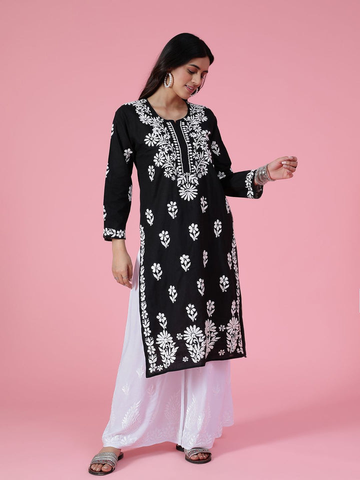 House of Chikankari Women Black Cotton Chikankari Embroidered Kurta