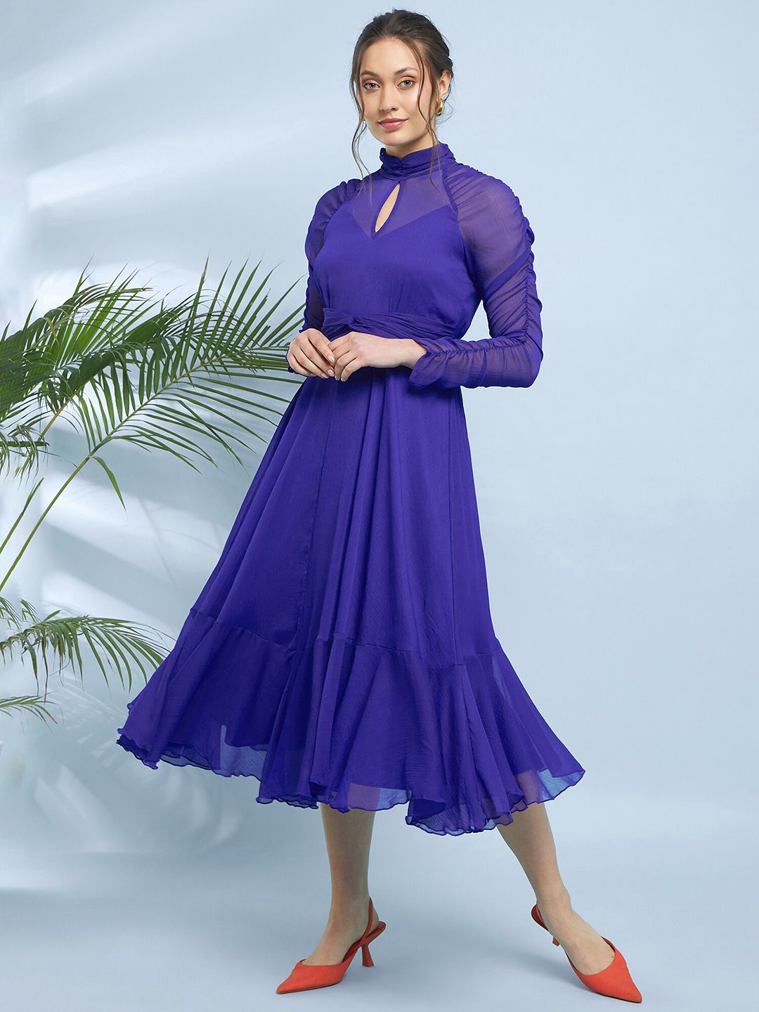 Antheaa Choker Neck Chiffon Fit & Flare Midi Dress