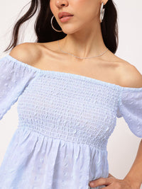 DressBerry Stylish Darling Smocked Off-Shoulder Textured Peplum Top