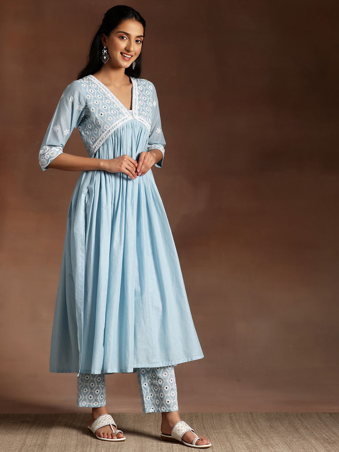 Libas Blue Paisley Embroidered V-Neck Flared Thread Work Pure Cotton A-Line Kurta Set
