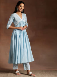 Libas Blue Paisley Embroidered V-Neck Flared Thread Work Pure Cotton A-Line Kurta Set
