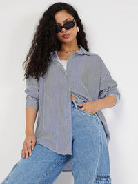 SASSAFRAS Oversized Striped Spread Collar Casual Shirt