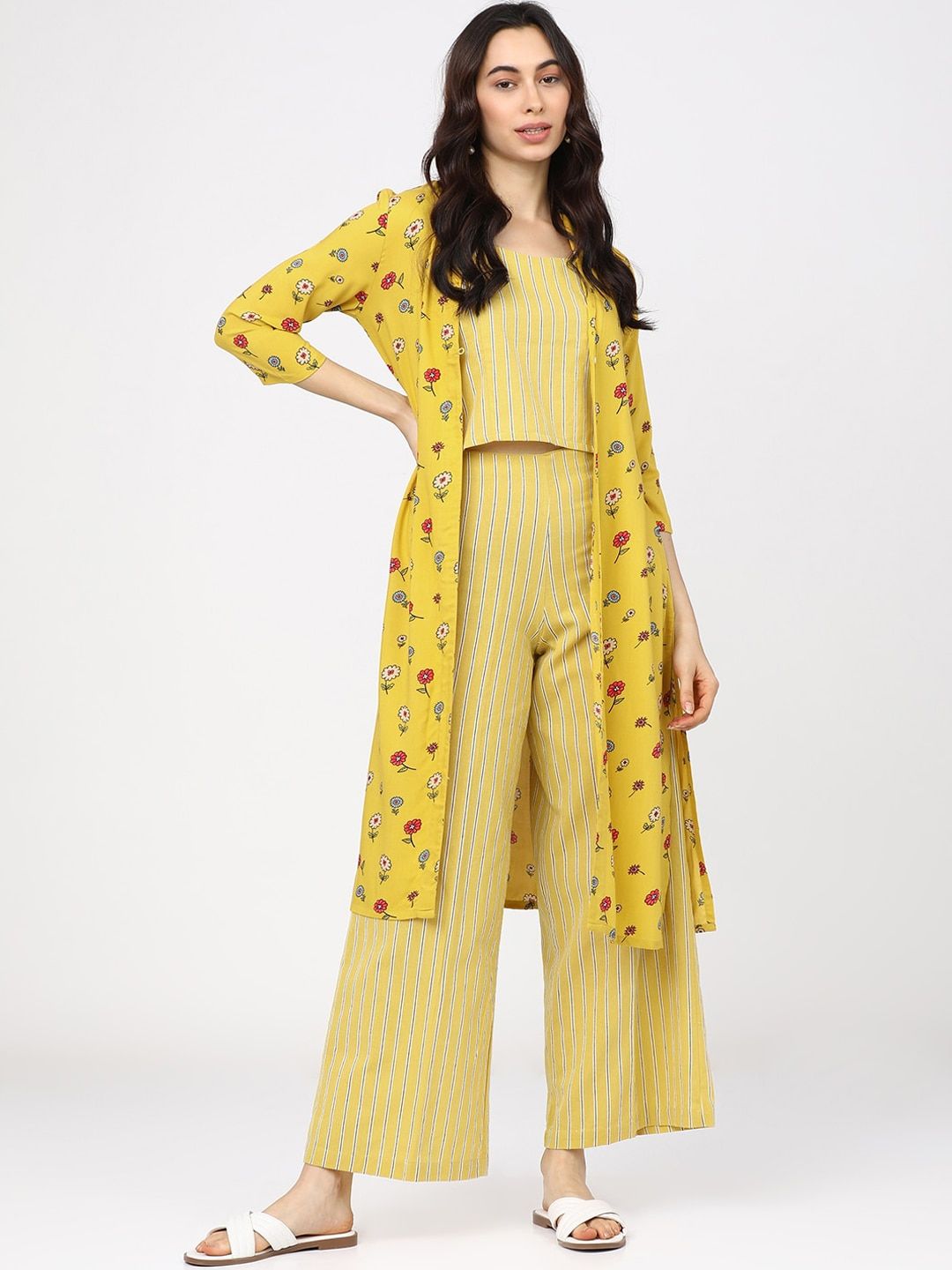 Vishudh Women Yellow Striped Regular Top with Palazzos & Jacket