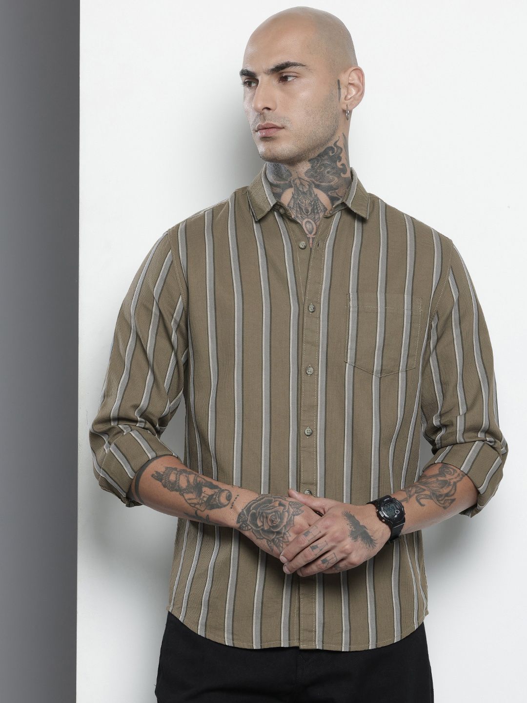The Indian Garage Co Pure Cotton Slim Fit Striped Textured Casual Shirt