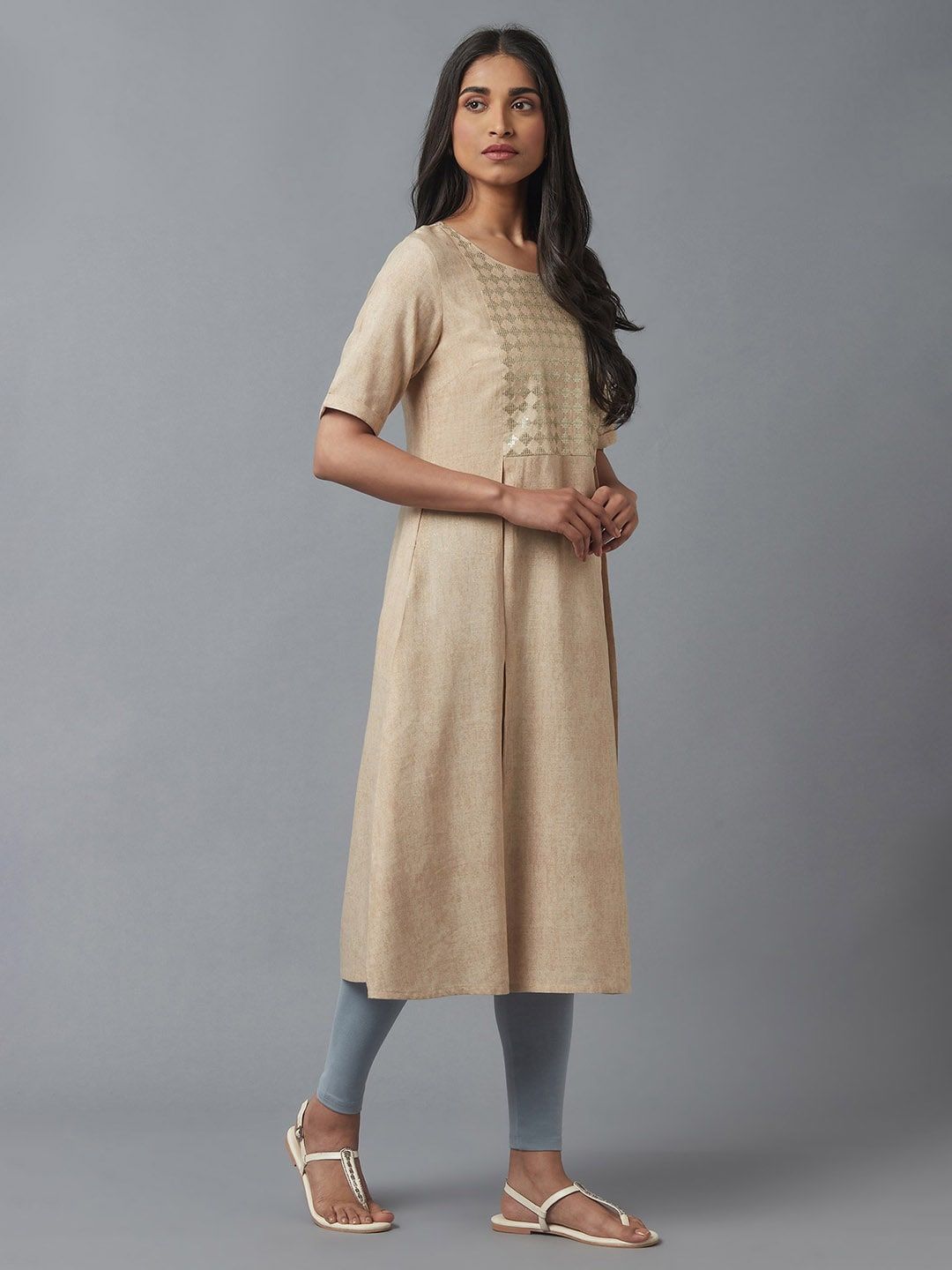 W Women Beige Embellished Keyhole Neck Flared Kurta