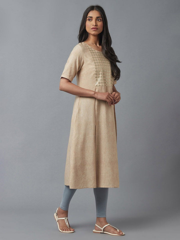 W Women Beige Embellished Keyhole Neck Flared Kurta