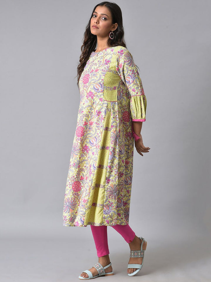 W Puff Sleeves Floral Printed Pleated Anarkali Kurta With Leggings