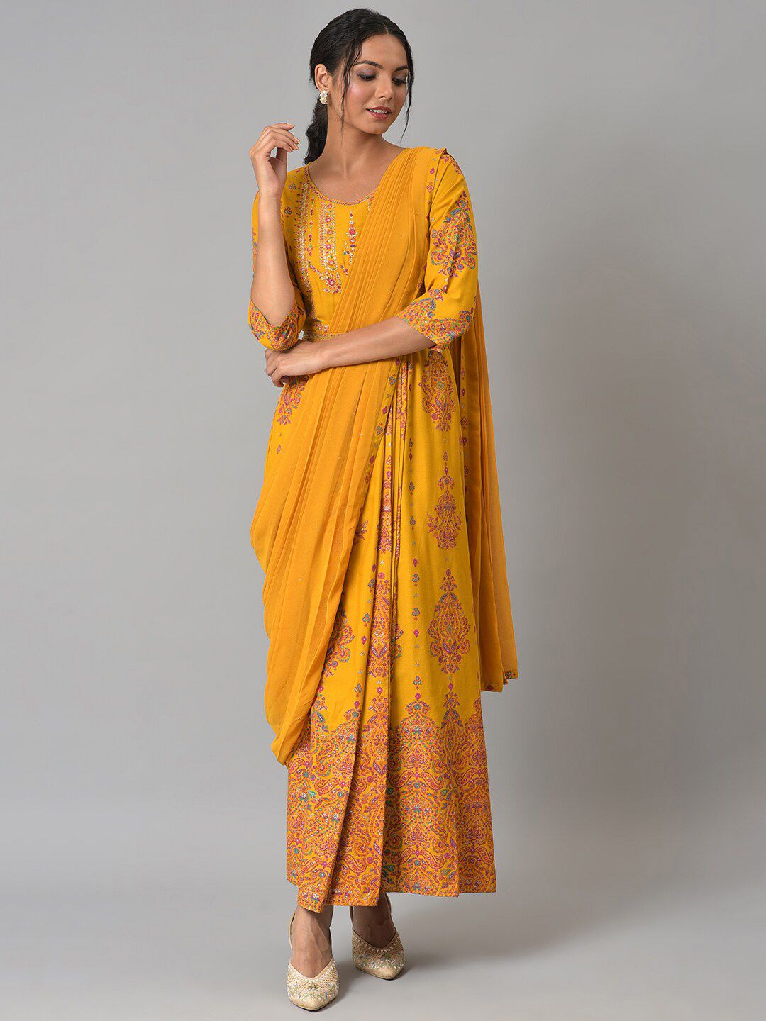 W Women Yellow Ethnic Motifs Printed Ethnic Maxi Dress