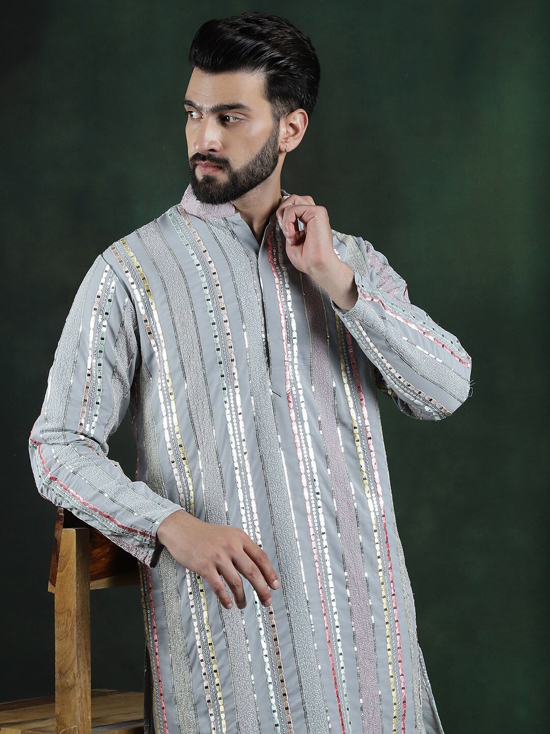 SOJANYA LUXE Striped Mandarin Collar sequinned mirror embroidered Georgette A-Line Kurta