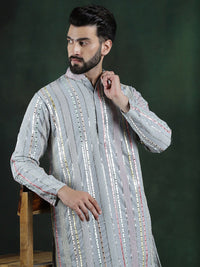 SOJANYA LUXE Striped Mandarin Collar sequinned mirror embroidered Georgette A-Line Kurta