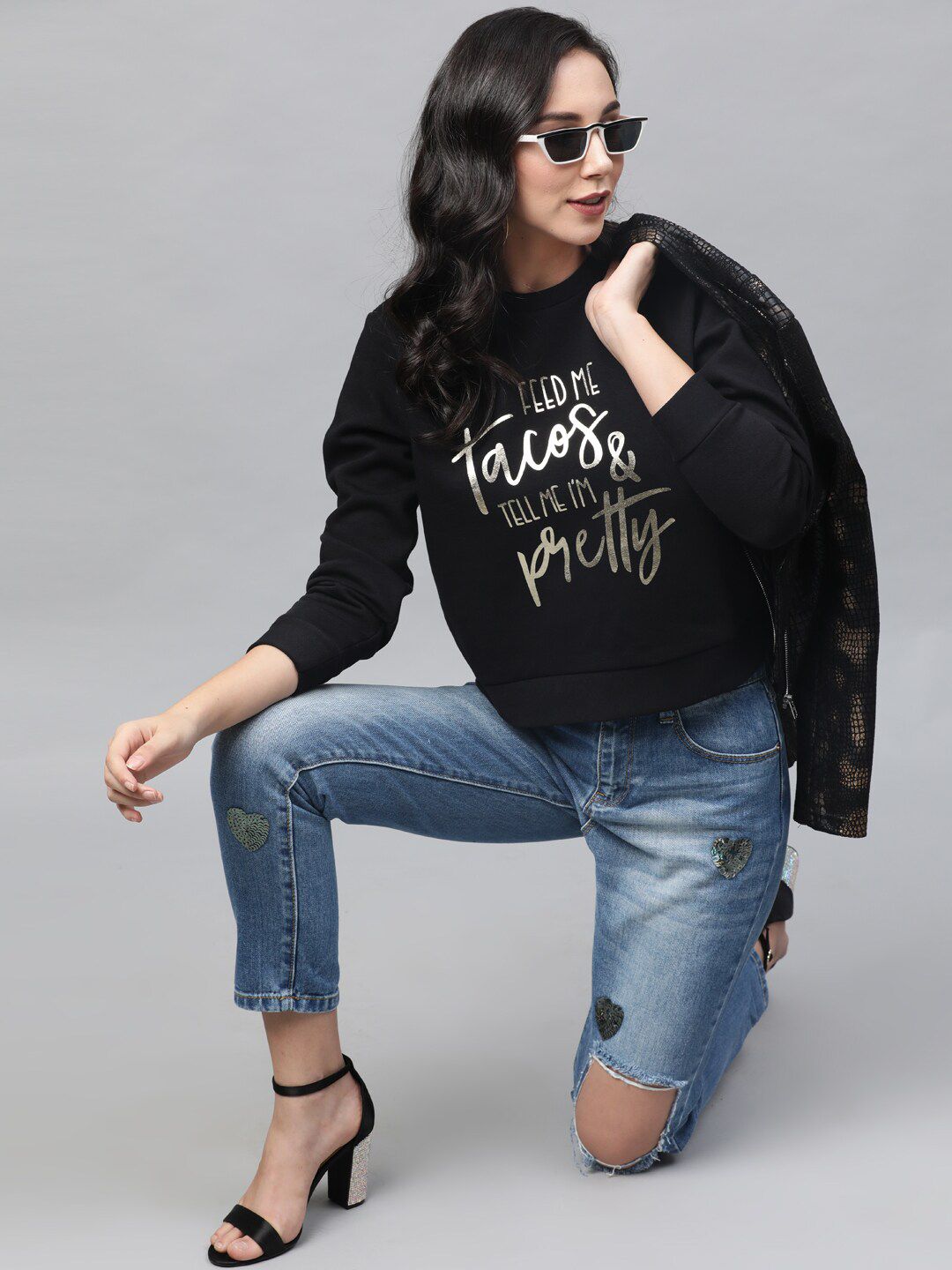 STREET 9 Women Black & Gold-Toned Printed Sweatshirt