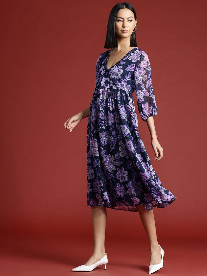 all about you Floral Print Puff Sleeve Dobby Empire Midi Dress
