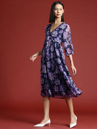 all about you Floral Print Puff Sleeve Dobby Empire Midi Dress