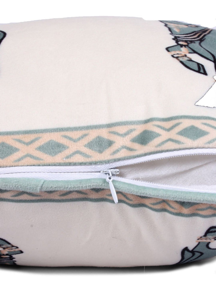 STITCHNEST White & Green 2 Pieces Ethnic Motifs Velvet Square Cushion Covers
