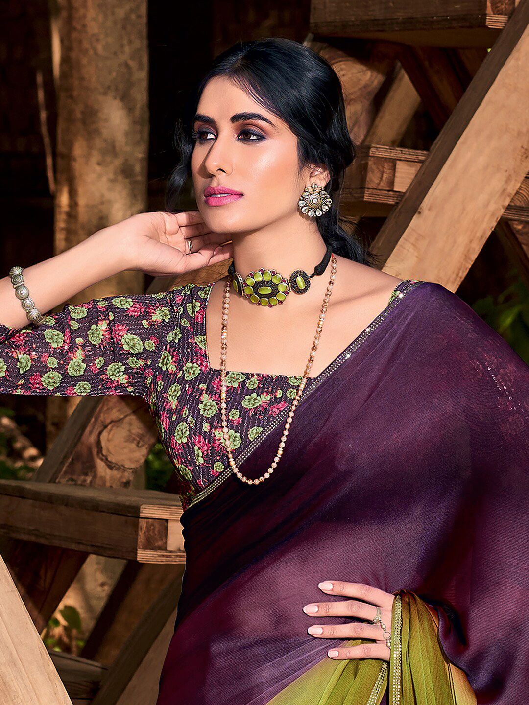 Saree mall Purple & Beige Ombre Embroidered Sarees