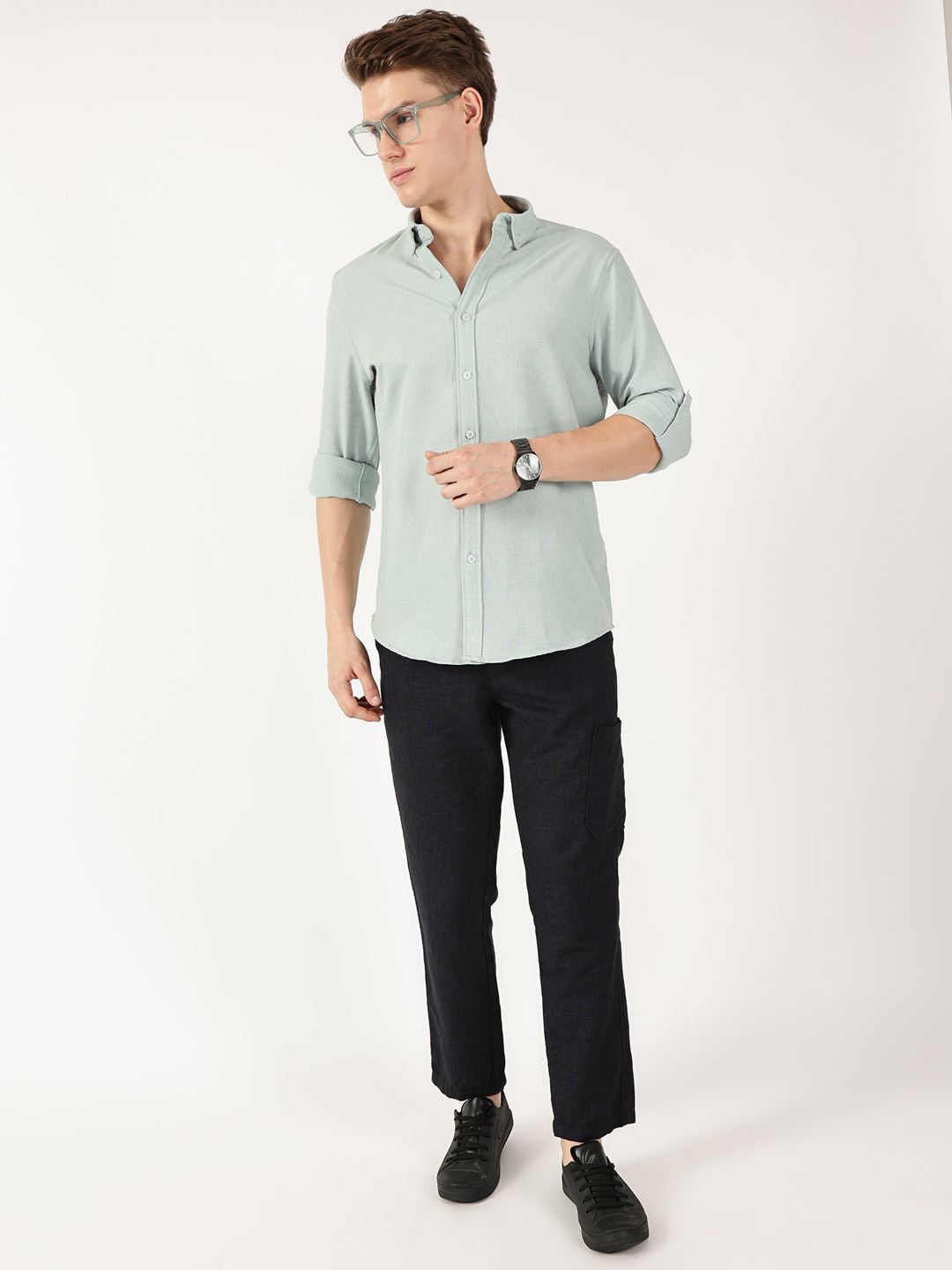 Thomas Scott Men Premium Button-Down Collar Solid Linen Casual Shirt