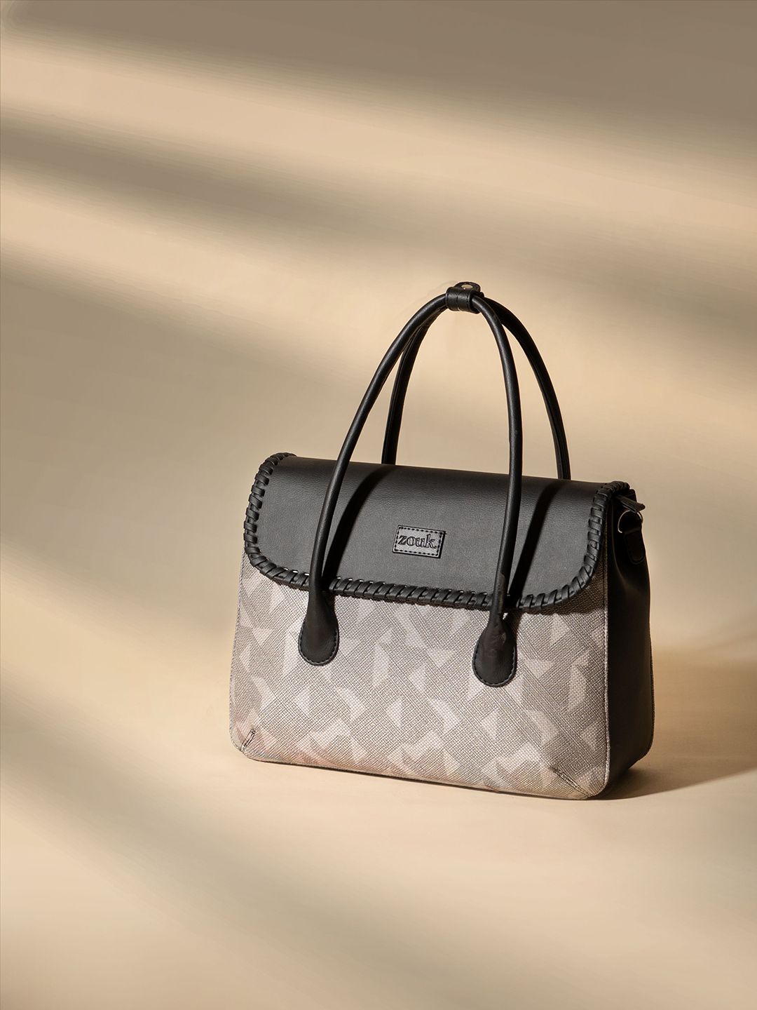 ZOUK Geometric Printed Structured Jute Handheld Bag