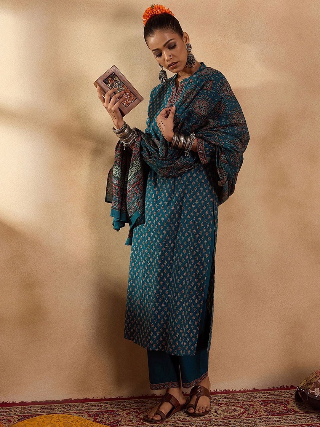 Indo Era Ethnic Motifs Printed Regular Pure Cotton Straight Kurta with Trousers & Dupatta