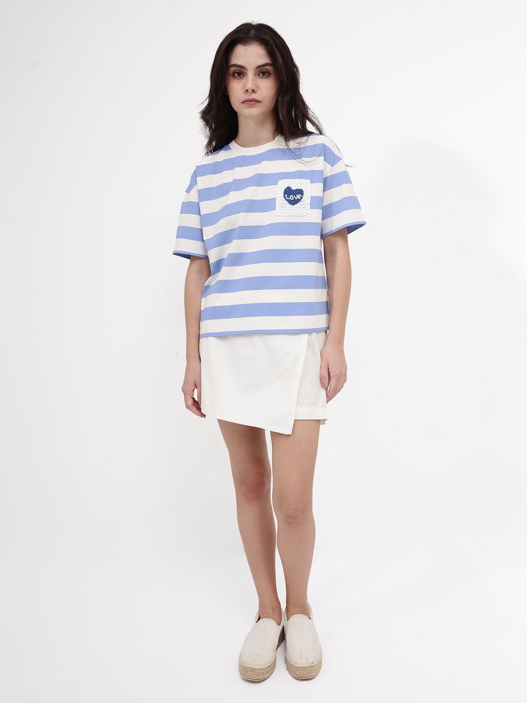 RAREISM Horizontal Striped Drop Shoulder Crochet Pockets Cotton Boxy T-shirt