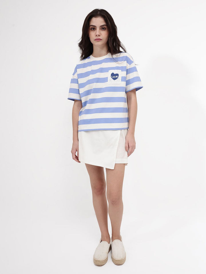 RAREISM Horizontal Striped Drop Shoulder Crochet Pockets Cotton Boxy T-shirt