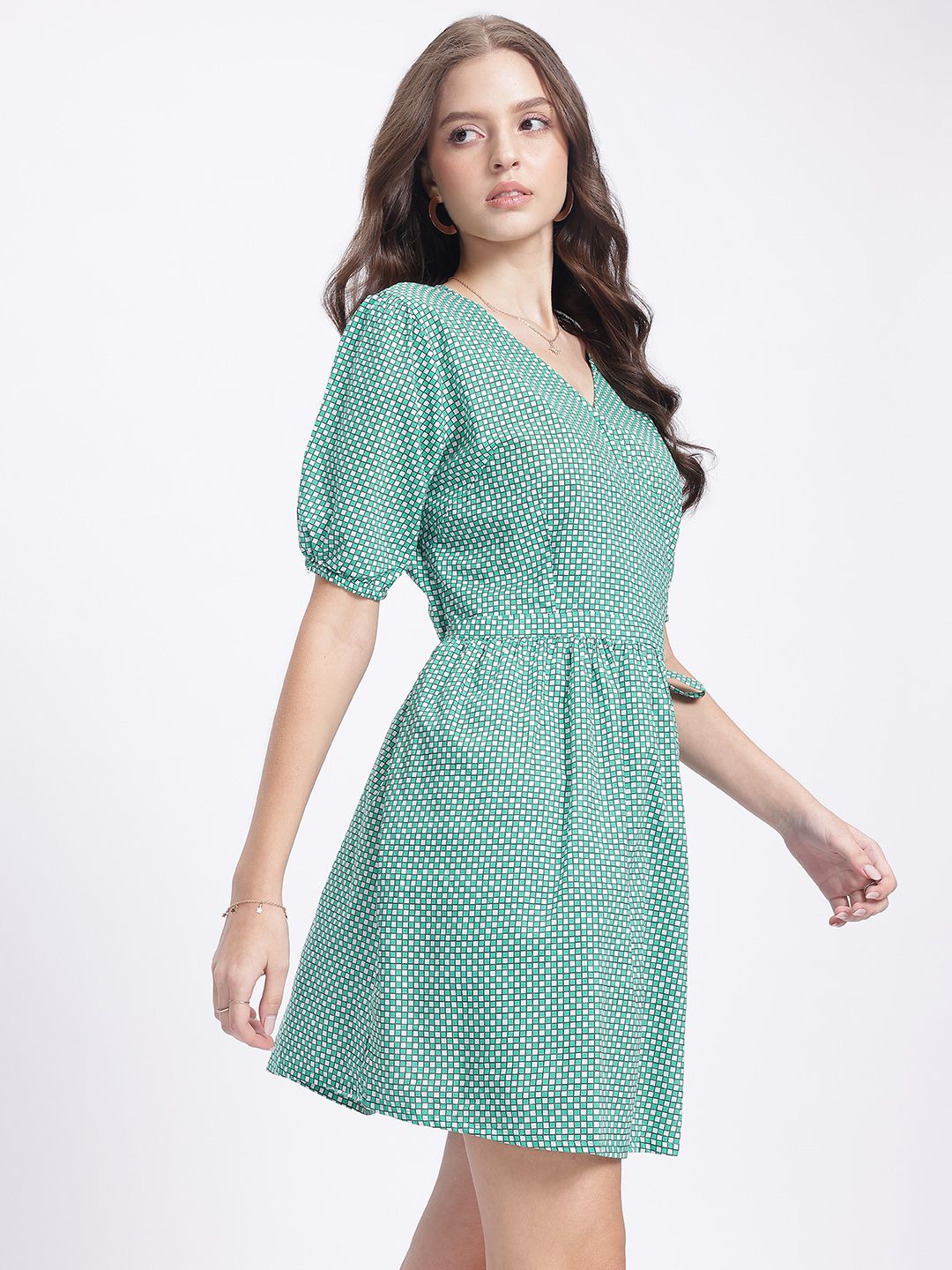 DressBerry Checked Chic Puff Sleeve Wrap Dress