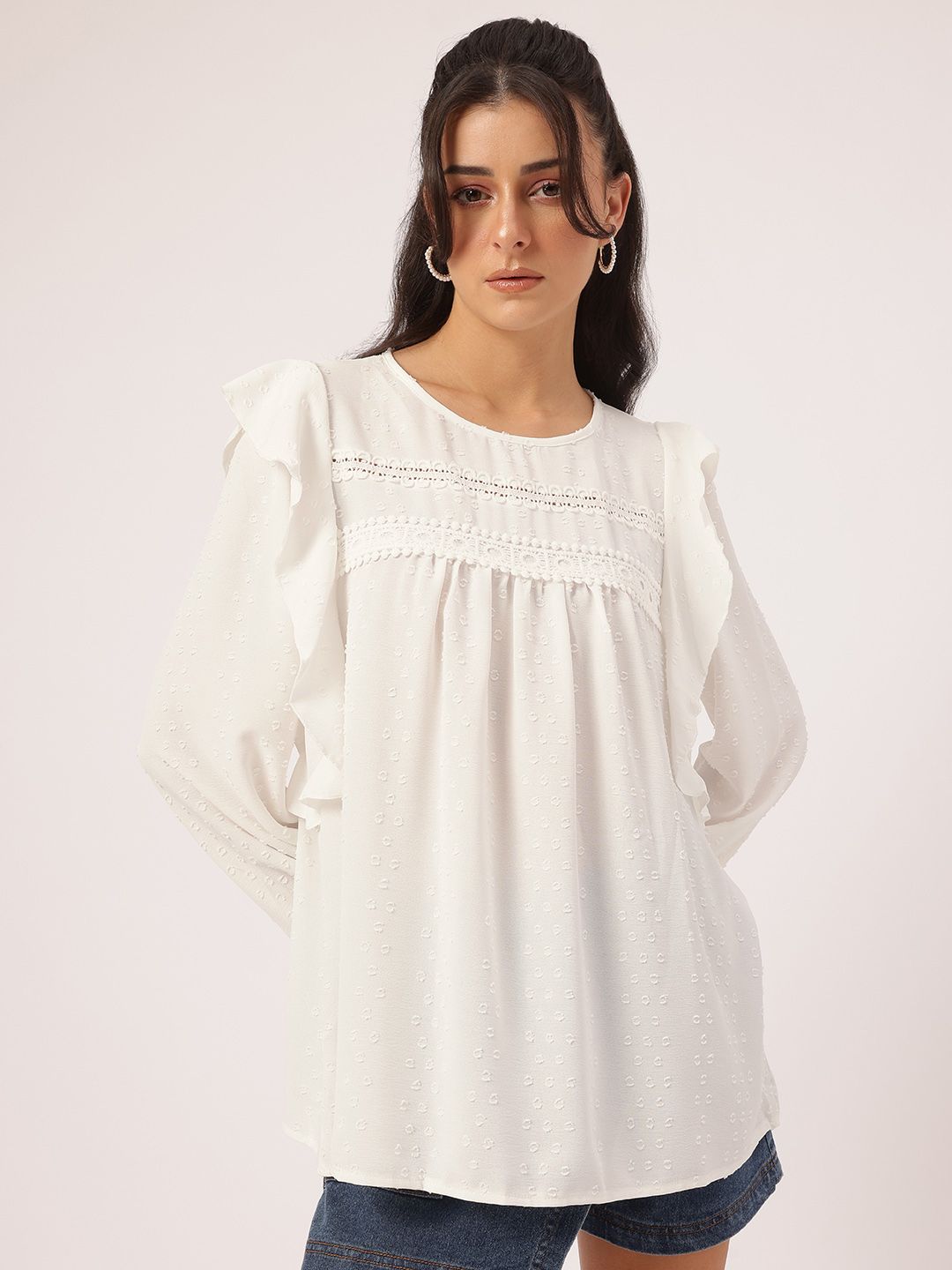 DressBerry Free Spirit Fit Dobby Weave Lace Inserts Ruffled Top