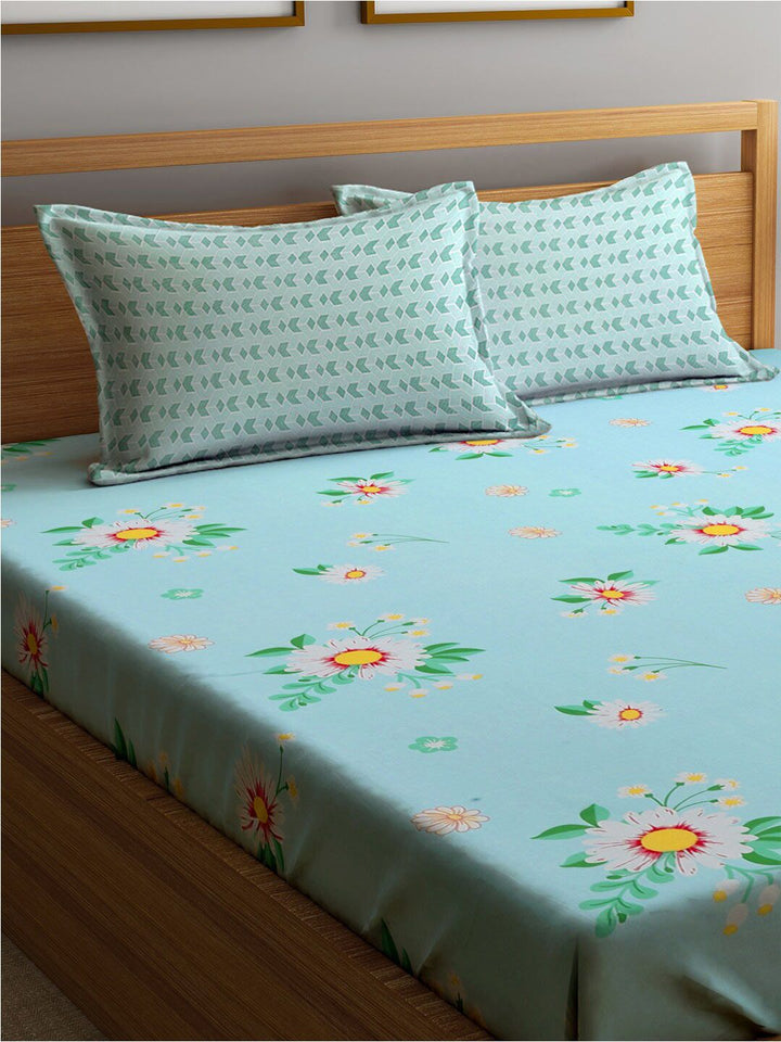 KLOTTHE Blue & Orange Printed 300TC Fitted Double King Bedsheet With 2 Pillow Covers