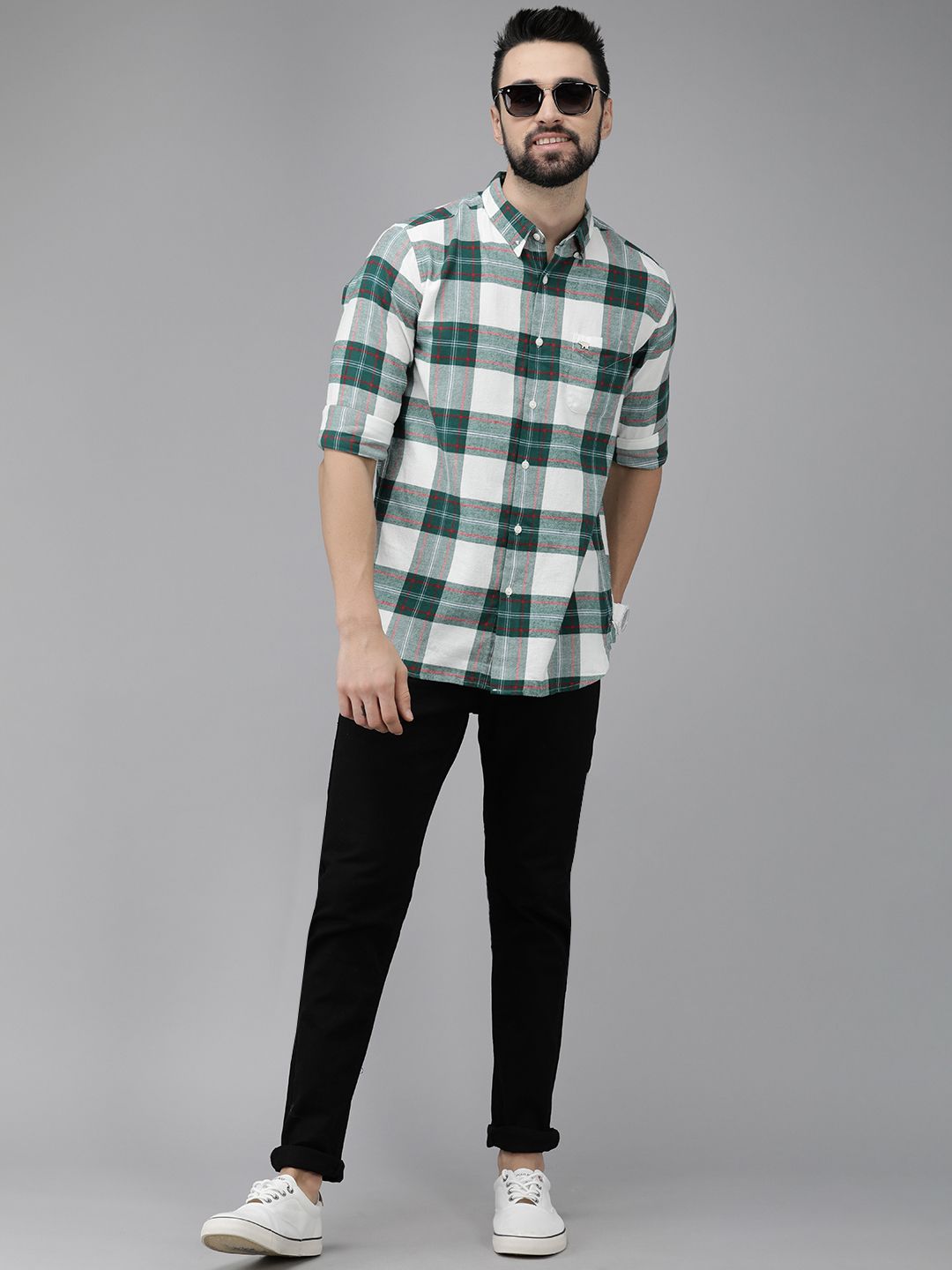 THE BEAR HOUSE Men Green Pure 8Checked Slim Fit Flannel Casual Shirt
