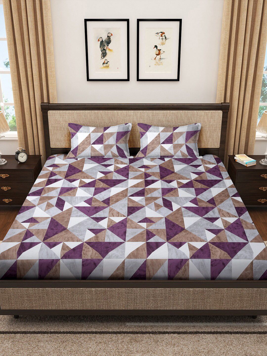 KLOTTHE Brown Printed 400 TC Pure Cotton Super King Double Bedding Set & 2 Pillow Covers