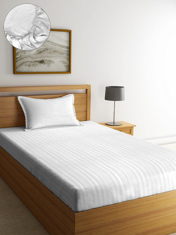 HOSTA HOMES White Striped Poly cotton 300 TC Single Bedsheet with 1 Pillow Cover