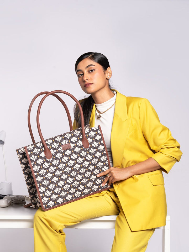 ZOUK Ethnic Motifs Printed Structured Jute Tote Bag