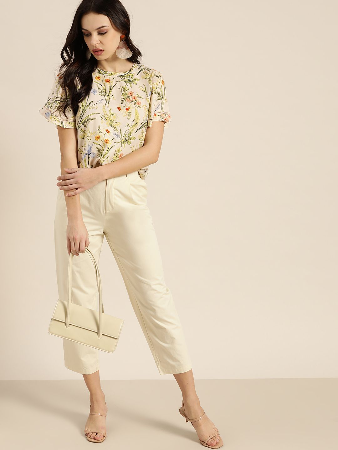 all about you Cream-Coloured & Green Floral Print Flared Sleeves Regular Top