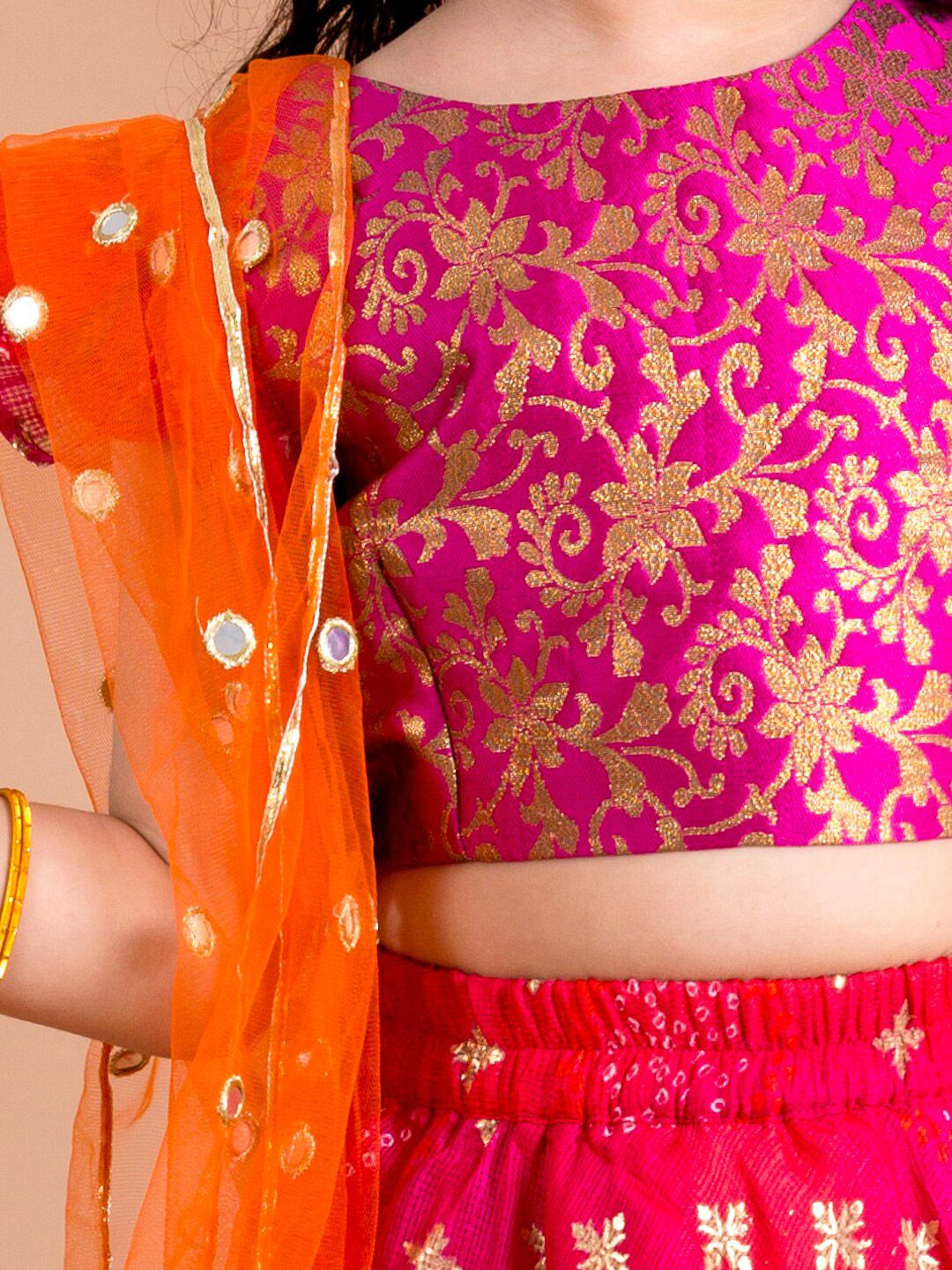 pspeaches Girls Pink & Orange Ready to Wear Lehenga & Blouse With Dupatta