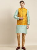 SOJANYA Men Sea Green Striped Kurta with Churidar & Nehru Jacket
