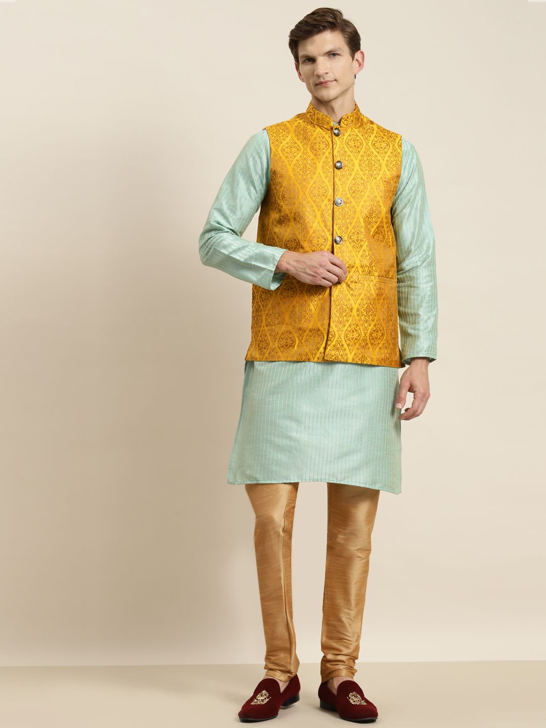 SOJANYA Men Sea Green Striped Kurta with Churidar & Nehru Jacket