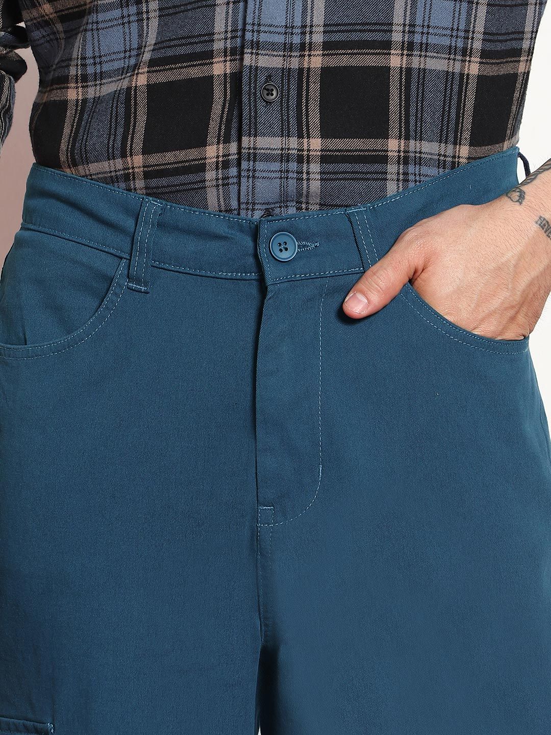 Urbano Fashion Men Denim Blue Stretchable Loose Fit Cargo Chino Pant with 8 Pockets