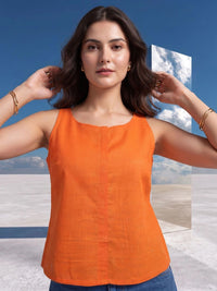Mamicha Women Orange Slub Woven Keyhole Back Tie-Up Sleeveless Top