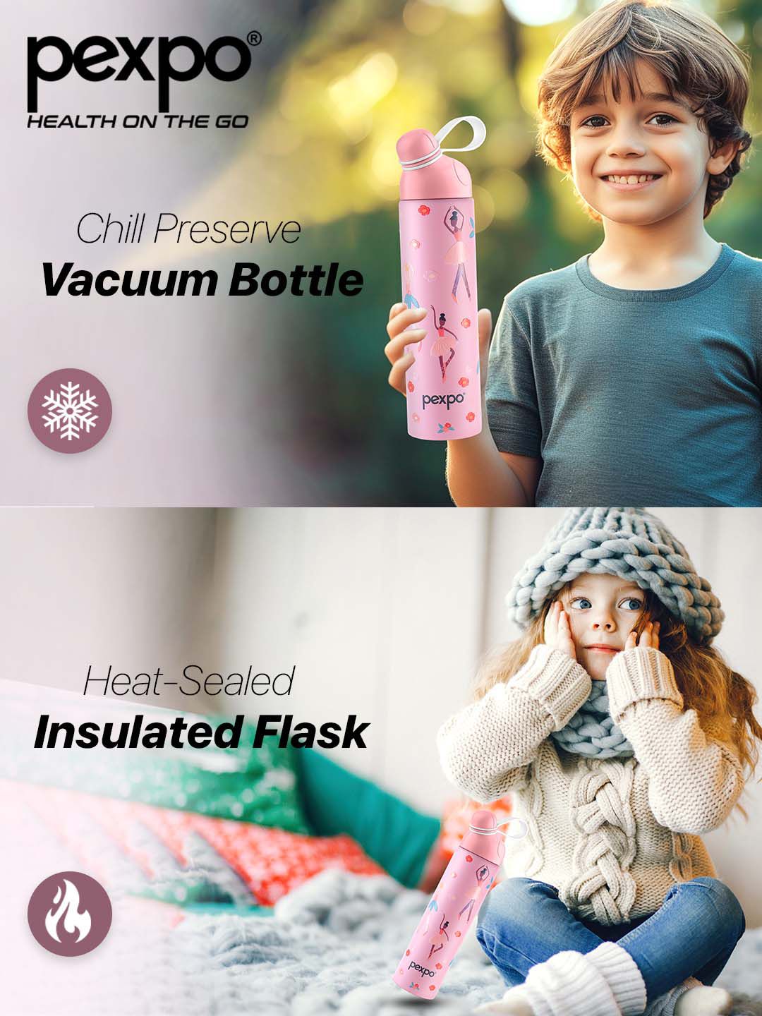 Pexpo Pink and Purple Printed Stainless Steel Double Wall Vacuum Water Bottle 470ml