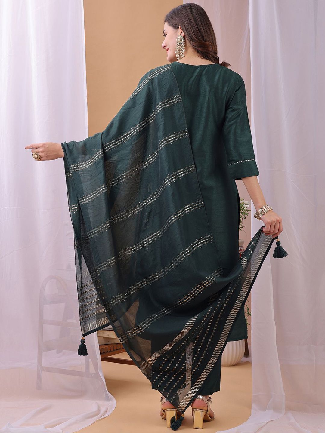KALINI Women Ethnic Motifs Embroidered Regular Sequinned Kurta with Trousers & Dupatta